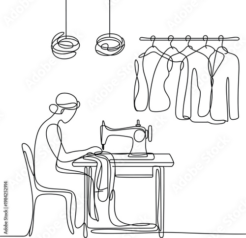 Tailor sewing clothes line art illustration, fashion designer working with sewing machine, minimal atelier workspace, clothing production concept, creative craft