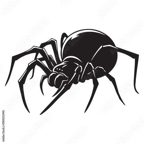 A graphic black silhouette illustration of a menacing spider, featuring its prominent fangs, bulbous body, and eight hairy legs, conveying a sense of fear or danger on a white background.