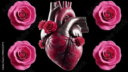 Anatomical heart with pink roses on black background  