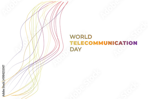"Abstract technology background with gold and purple wavy lines and modern typography. Elegant design for World Telecommunication Day. White background with copy space. Outline text style.
