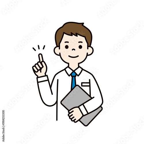 パソコンを持ってアドバイスをする、ワイシャツ姿のビジネスマンの上半身ベクターイラスト素材