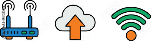 Wireless network icons set with router cloud upload and wifi signal, internet connectivity symbols colorful vector illustration design