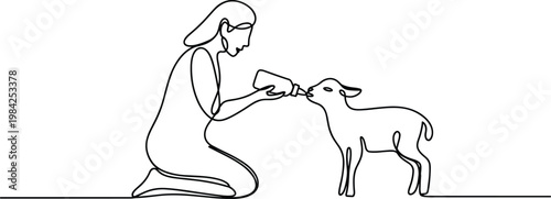 Woman feeding baby goat illustration, animal care concept, minimalist continuous line art, farming lifestyle, nurturing behavior, livestock care, rural scene