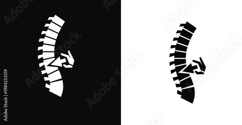 A broken spine graphic illustration with arrows pointing to the damage on a black and white background