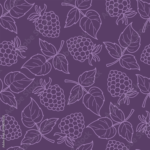Seamless Pattern with White Outline Blackberries and Leaves on Dark Purple Background. Elegant Botanical Line Art. Midnight Berry Fruit Print. Vector Illustration.