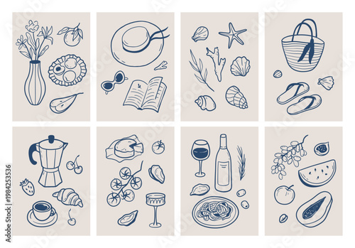 La dolce vita poster set with Italian food, coffee and lifestyle elements. Hand drawn vector illustration for kitchen decor, cafes, restaurants.