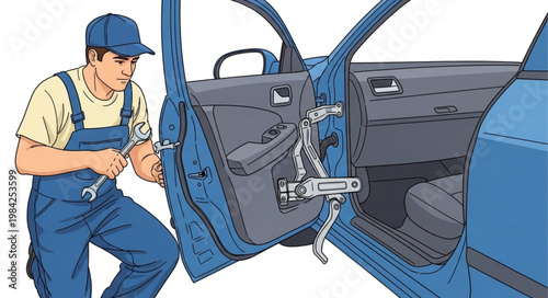 Mechanic repairing car door interior mechanism with tools.