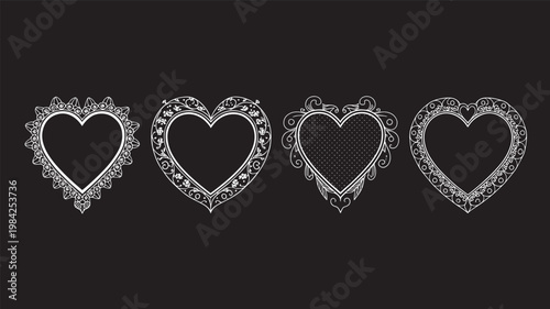 Intricate Heart Frames: Four beautifully crafted heart frames, each adorned with a unique and delicate design, arranged against a dark backdrop, perfect for expressing love and sentiment.