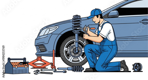 Mechanic Repairing Car Suspension System With Tools.