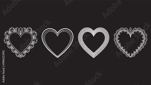 Heart Silhouette Collection: An artistic array of heart silhouettes, each uniquely designed with intricate details, against a stark black backdrop. This collection captures the essence of love.