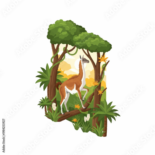 Vector illustration of a guanaco standing on a tree branch in a lush tropical forest with green trees, hanging vines, orange flowers, and a sunset sky background on white.