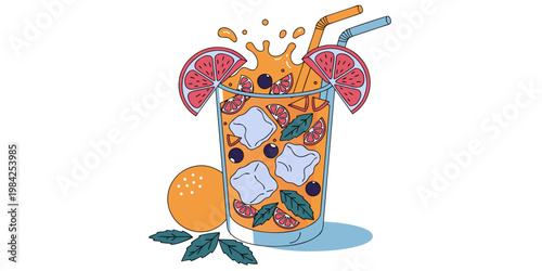Dynamic illustration of a citrus juice cocktail splashing in a glass with cocktail beverage refreshing illustration colorful vacation isolated refreshment background nutrition vitamins