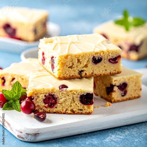 Cranberry blondies with white chocolate drizzle. Stacked on board, with fresh cranberries and mint
