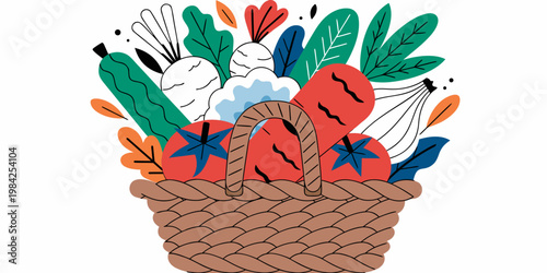 Woven basket packed with assorted fresh vegetables and garden harvest vegetables nutrition ingredients vegetarian culinary wellness preparation wholesome agriculture illustration colorful