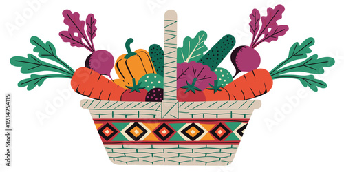 Decorative woven basket filled with fresh carrots beets and bell peppers vegetables nutrition ingredients vegetarian wholesome vitamins freshness agriculture illustration colorful abstract