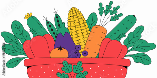 Red colander filled with assorted fresh vegetables and green leaves colander vegetables nutrition ingredients eggplant vegetarian culinary wellness preparation wholesome agriculture