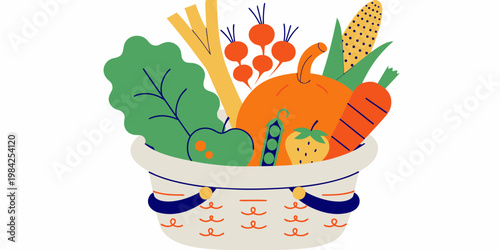 Flat illustration of a white basket full of assorted fresh farm vegetables and fruits with vegetables nutrition illustration vegetarian colorful wholesome culinary ingredient wellness