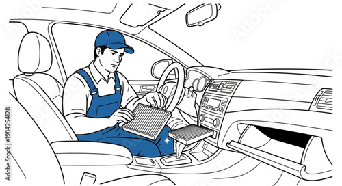 Mechanic replacing car cabin air filter inside vehicle interior.
