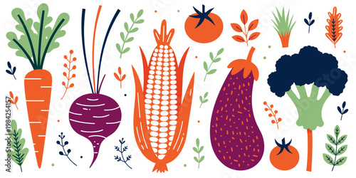 Set of colorful flat vegetable icons featuring carrot beet corn eggplant broccoli and tomatoes vegetable eggplant broccoli vegetarian nutrition graphics illustration colorful ingredients