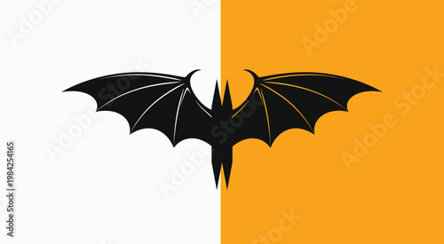 Black bat silhouette illustration with spread wings on a split white and orange background.