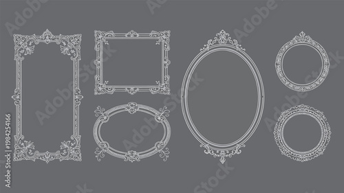 Elegant Frames Collection: A curated ensemble of ornate picture frames, showcasing a variety of shapes and intricate designs, perfect for adding a touch of timeless charm to any space.