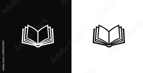 A minimalist illustration of an open book on a black and white background