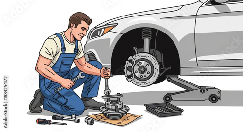 Mechanic repairing car wheel hub assembly with tools.