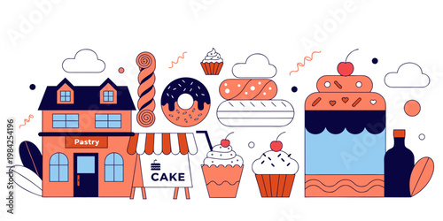 Local pastry and cake shop illustration with patisserie delicious bakeshop illustration colorful sweetness frosting pastries confectionery business building advertising