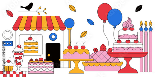 Bakery shop with sweet cakes and celebration desserts celebration birthday cherries balloons delicious confectionery illustration colorful patisserie sweetness celebrate bakeshop desserts