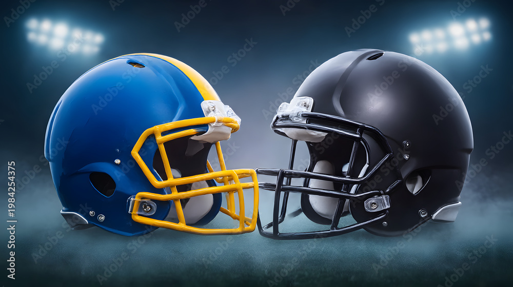 Fototapeta premium two american football helmets facing each other on field with stadium lights in background.