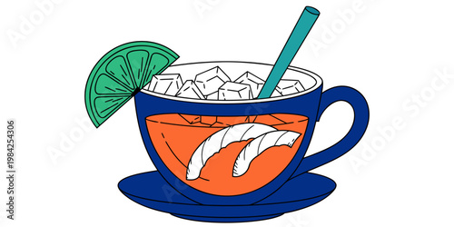 Illustration of a cold iced tea drink in a blue mug with a lime wedge refreshment beverage illustration minimalist isolated background refreshing drinkware creative culinary infusion