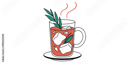 Graphic illustration of an iced beverage in a glass mug with a leafy garnish beverage refreshment illustration refreshing transparent infusion minimalist isolated background culinary
