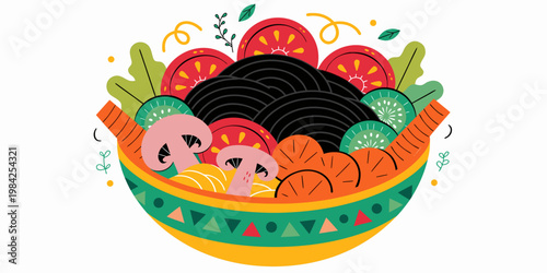 Wholesome noodle bowl illustration with black noodles mushrooms sliced tomatoes and kiwi fruit vegetable mushroom nutrition vegetarian culinary ingredient delicious illustration restaurant