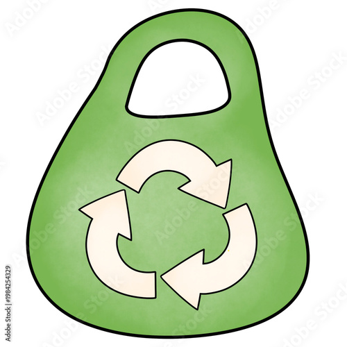 A green plastic garbage bog with a recycling symbol in the center , rendered in a watercolor style