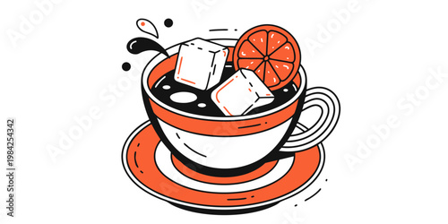 Graphic illustration of a refreshing iced coffee or tea with orange slice beverage refreshing illustration isolated background minimalist creative refreshment drinkware caffeine culinary
