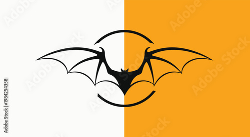 Stylized black bat silhouette with wings spread on a split white and orange background