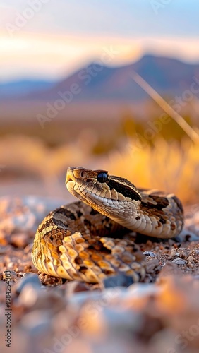 Coiled rattlesnake in desert landscape with mountain backdrop, warm sunset light