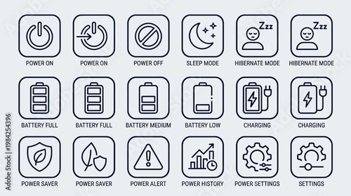 Collection of power and battery status line icons for electronic devices.