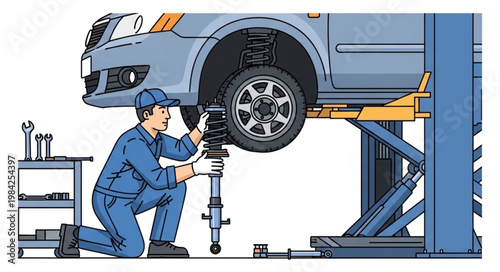 Mechanic Replacing Car Shock Absorber on Lift.