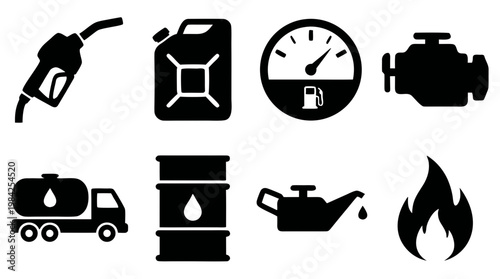 Fuel and gas station icons set in black silhouette. Vector illustrations of fuel nozzle, jerrycan, gas gauge, engine motor, tanker truck, oil barrel, oiler, and fire flame.
