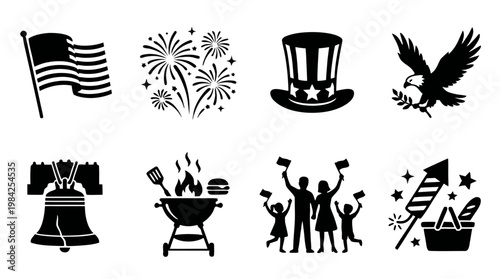 Barbecue and grill icon set in black silhouette. Vector illustrations 