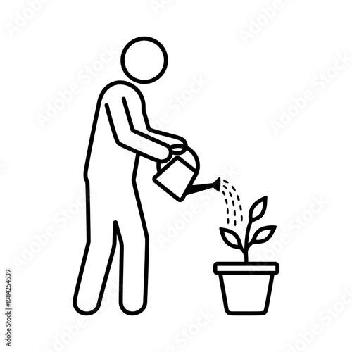 植物に水をやる人物のラインアイコン