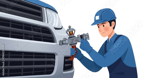 Mechanic Spray Painting a Vehicle Grille with a Spray Gun.