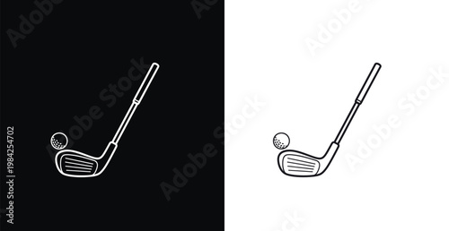 A minimalist illustration of a golf club and ball on contrasting black and white backgrounds