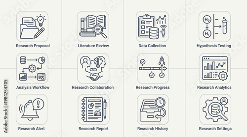 Set of Research Icons for Scientific and Academic Processes.