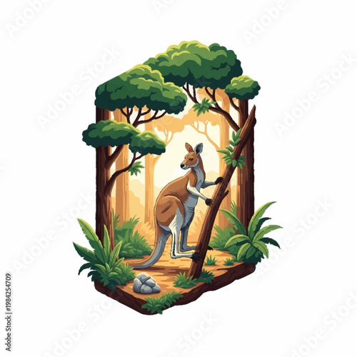 Stylized digital illustration of a brown kangaroo standing in a lush green forest with tall trees and warm golden sunlight filtering through, isolated on a white background.