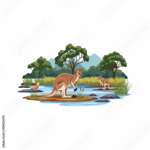 Illustration of an Australian kangaroo and joey in a wetland habitat featuring a river, rocks, trees, and a ground bird, isolated on a white background for graphic design.
