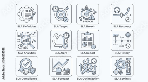 Set of twelve service level agreement icons representing key management concepts.