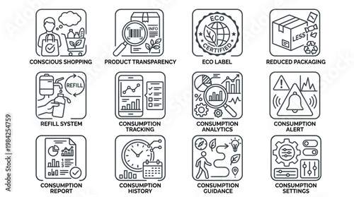Sustainable Consumption Icons Set for Eco-Friendly Lifestyle Choices.
