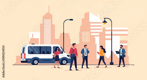 Flat vector illustration of diverse commuters standing near a white shuttle bus in an urban city environment with skyscrapers and street lamps in a minimalist pastel color scheme.
